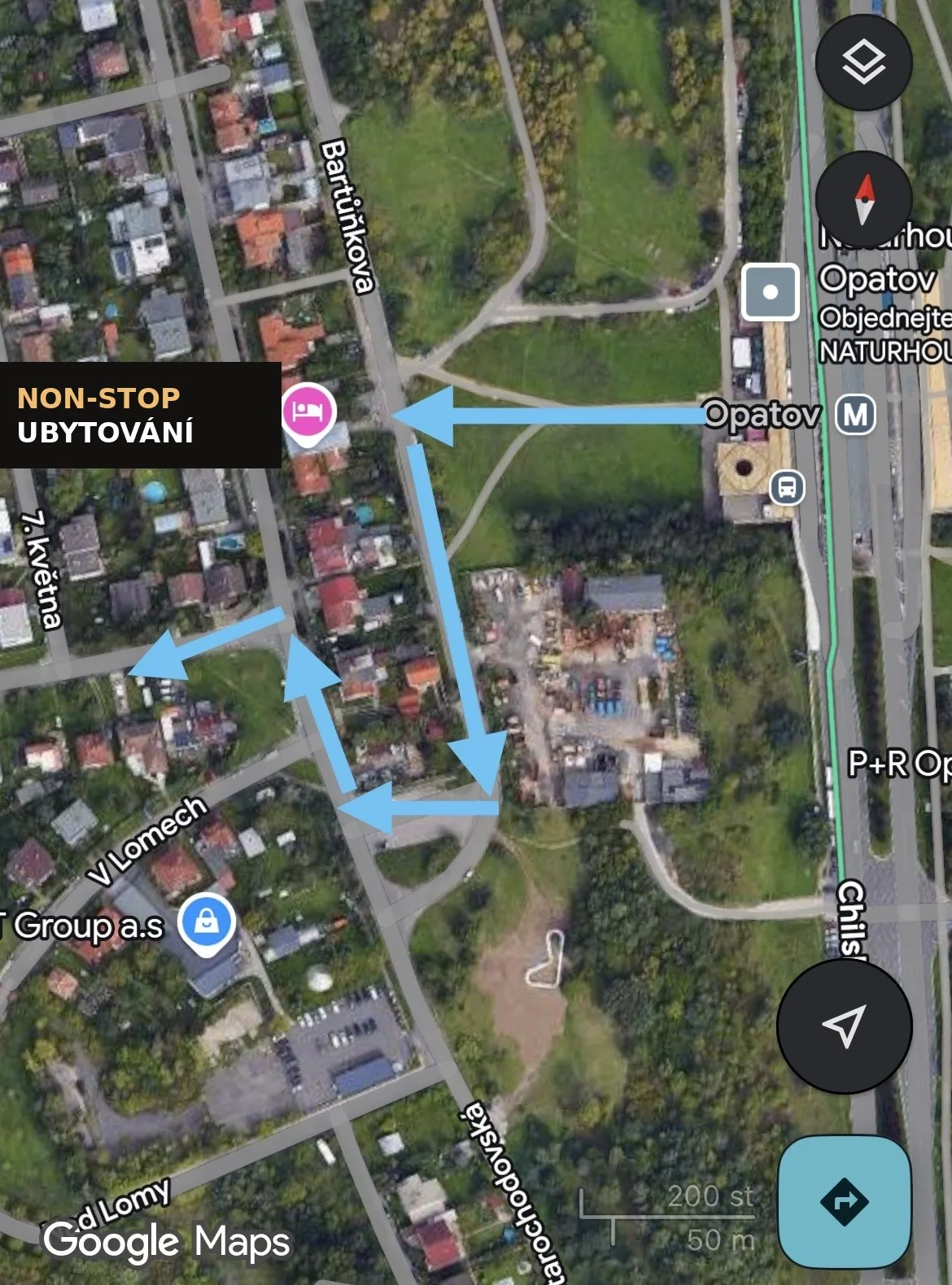 Orientační mapka cesty od metra Opatov k ubytování
